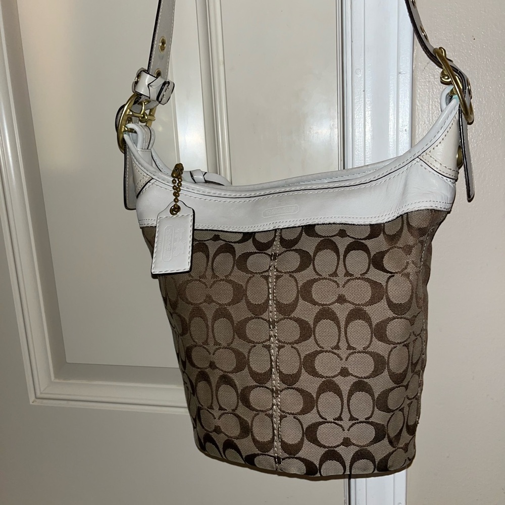 Coach Tan and White Signature Shoulder Bag